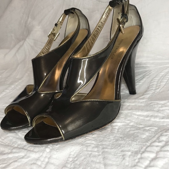 Ann Taylor Women’s Taupe Heels Open Toe Patent Leather Upper Leather Sole Sz 8 - Picture 1 of 10